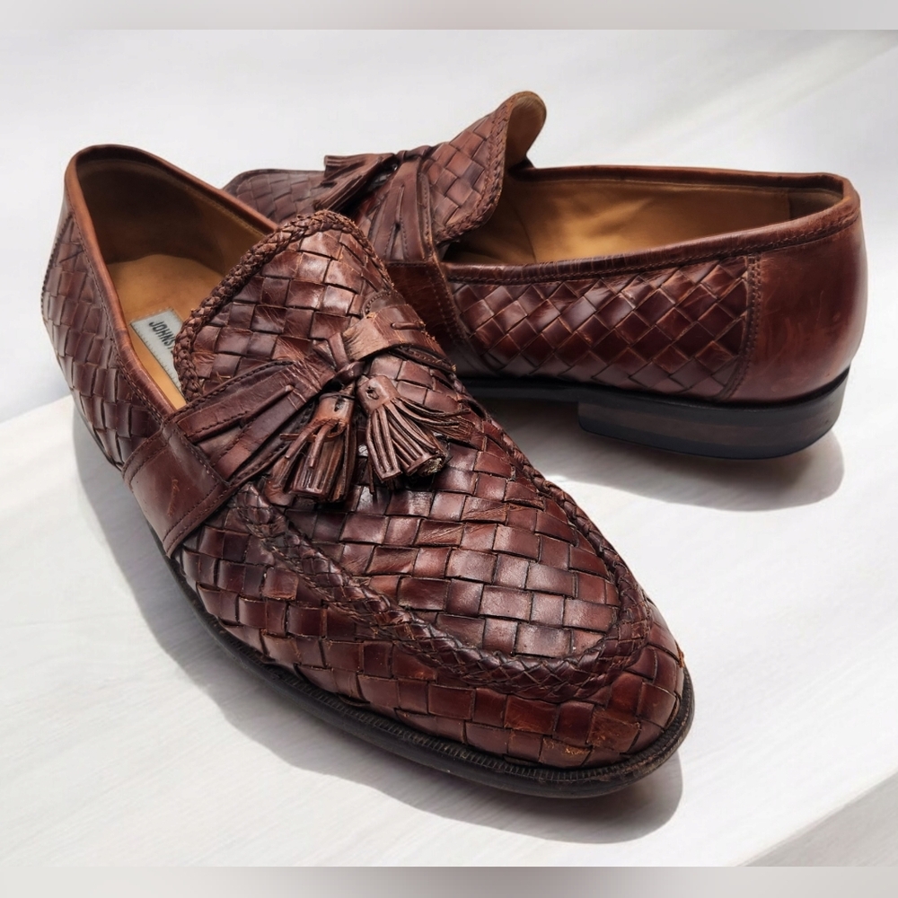 Johnston Murphy Mens 10.5 Brown Leather Weave Dress Shoe Loafers Tassle Slip On